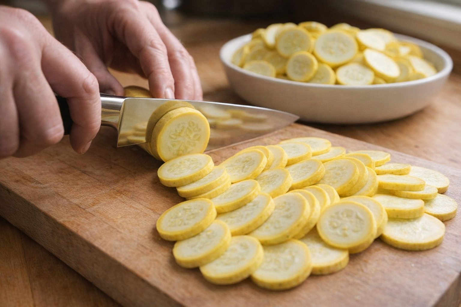 A close-up shot of yellow squash being sliced into uniform rounds on a wooden cutting board, a chef's knife glinting in the light, with a bowl of prepped squash in the background